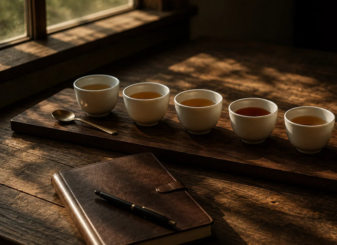 Six small white cups arranged on a wooden tray on a rustic wooden table, with sunlight streaming across the scene. A brown notebook and pen sit in the foreground near a window.
