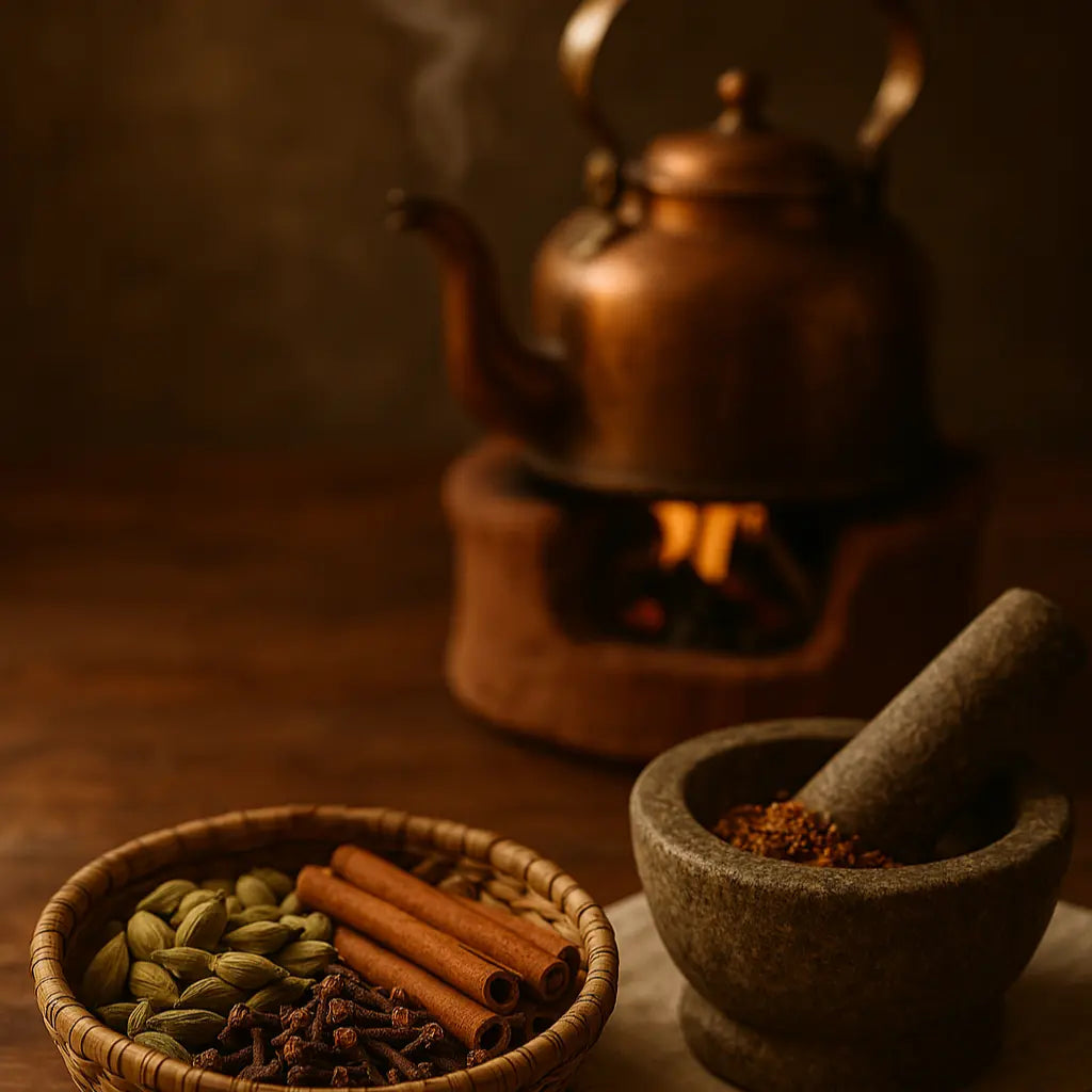 Spices in a basket and a mortar with a pestle on a wooden surface with a teapot in the background.