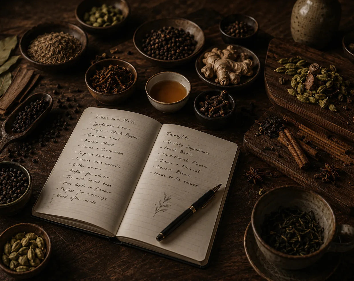 An open handwritten recipe journal with a black pen lies on a rustic wooden table, surrounded by bowls of whole spices, cinnamon sticks, cardamom pods, tea leaves, and small dishes of ingredients in warm, dim lighting.