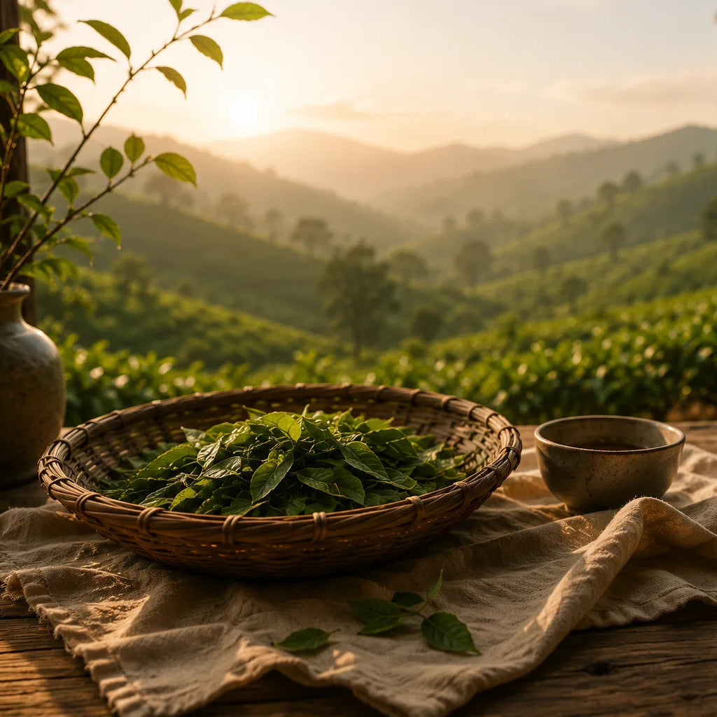 A rustic woven basket filled with fresh green tea leaves sits on a wooden table beside a small metal cup, set against a scenic mountain landscape at sunrise.