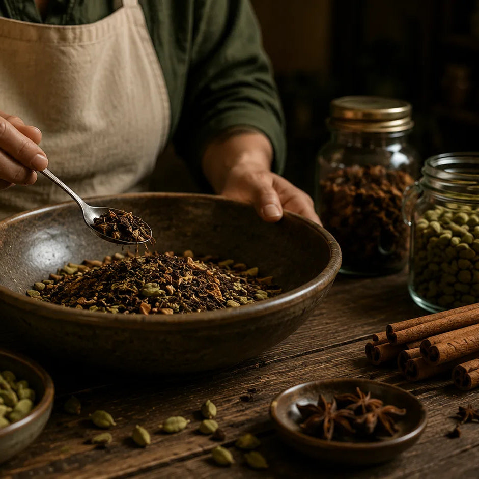 A person wearing a beige apron is shown from the chest down, holding a spoon over a large rustic bowl filled with a loose spice blend. The scene is set on a dark wooden table surrounded by various whole spices including cinnamon sticks, green cardamom pods, star anise, and glass jars, creating a warm, cozy, and authentic kitchen or spice shop atmosphere.