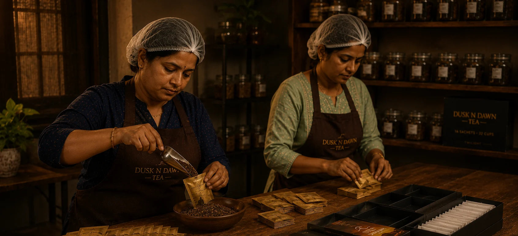 Dusk N Dawn tea being blended and packed by hand